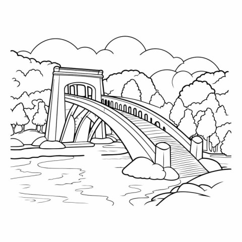 Bridge over the river. Black and white vector illustration for c