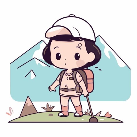 Boy hiking in the mountains with a backpack and hat vector illus