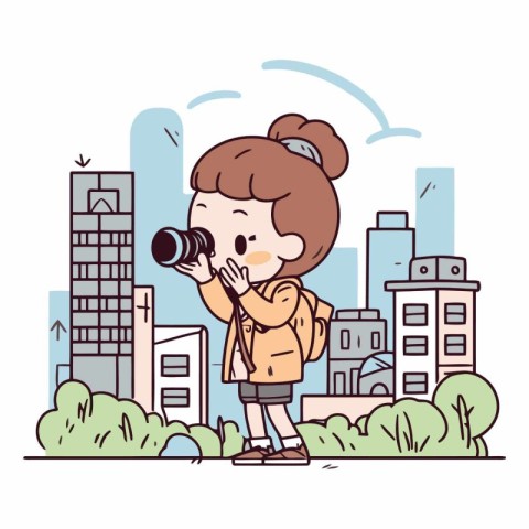 Cute little girl taking a photo in the city.