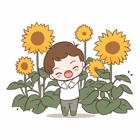 cute boy with sunflowers in the garden vector illustration desig