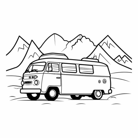 Vector illustration of a camper van with mountains in the backgr