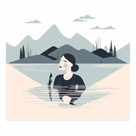 Beautiful girl in the mountains in flat style.