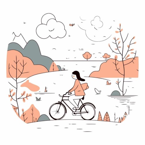 Vector illustration of a girl riding a bike in the autumn park.