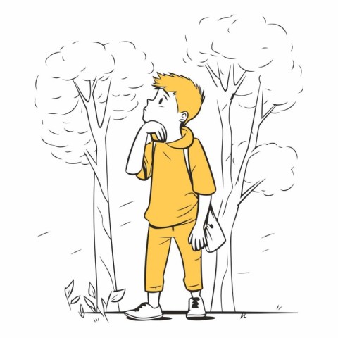 Vector illustration of a boy standing in the park and thinking a