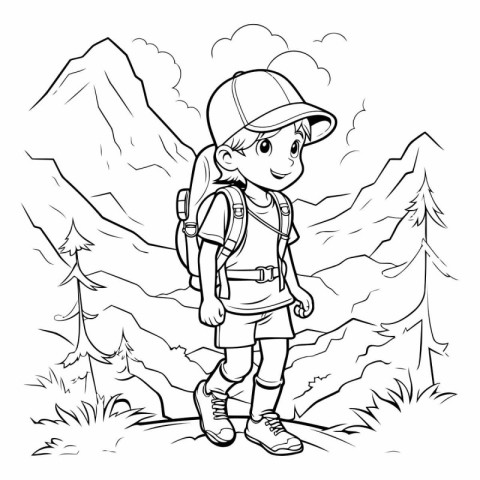 Hiking boy with backpack in mountains for coloring book