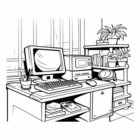 Office workplace with computer and books. Black and white vector