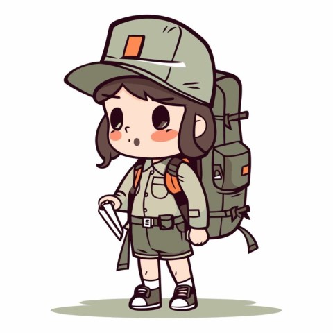 Boy scout with backpack and map in cartoon style.