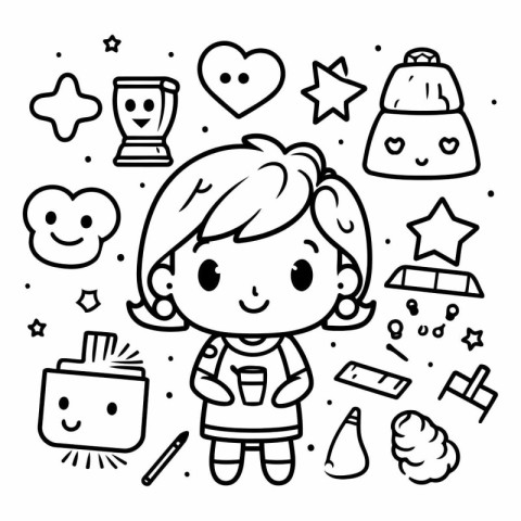 Cute little girl with different toys for coloring book