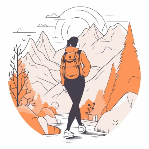 Hiker with backpack walking in the mountains in linear style.