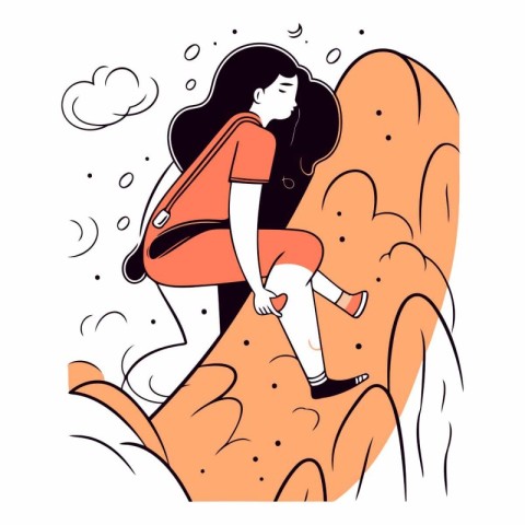 Young woman climbing mountain in doodle style.