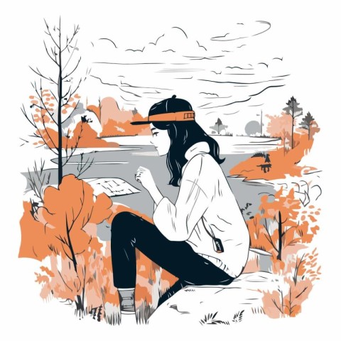 Vector illustration of a girl sitting on the bank of the river.