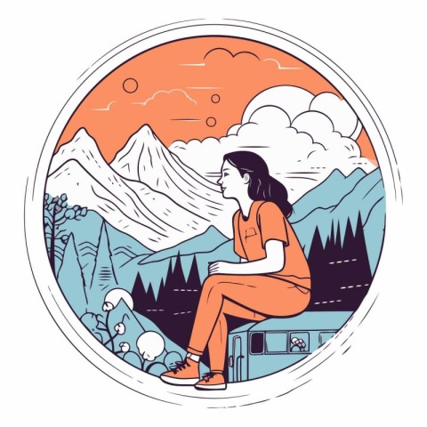 Vector illustration of a girl sitting on a bench in the middle o