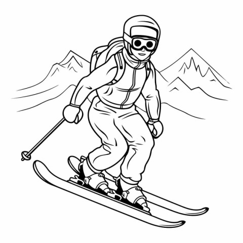 Black and white vector illustration of a skier in the mountains.