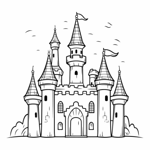 Fairytale castle. Black and white vector illustration for colori