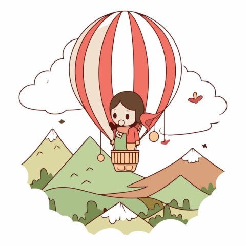 cute little boy flying hot air balloon cartoon vector illustrati