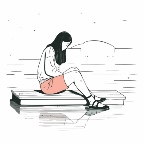 Girl sitting on a wooden pier in the rain.