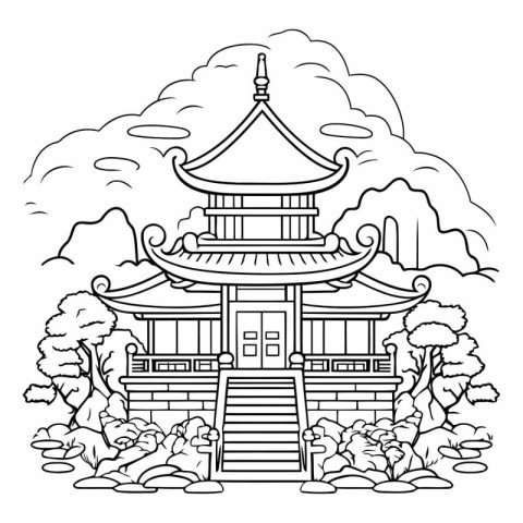 Chinese temple in black and white for coloring book.