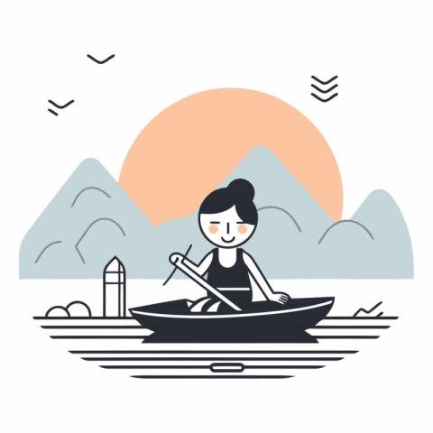 Woman in a canoe on the lake. Flat design vector illustration.