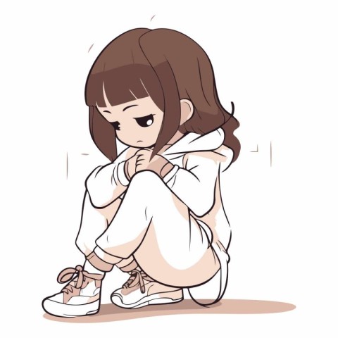 Illustration of a sad young girl sitting on the floor and crying