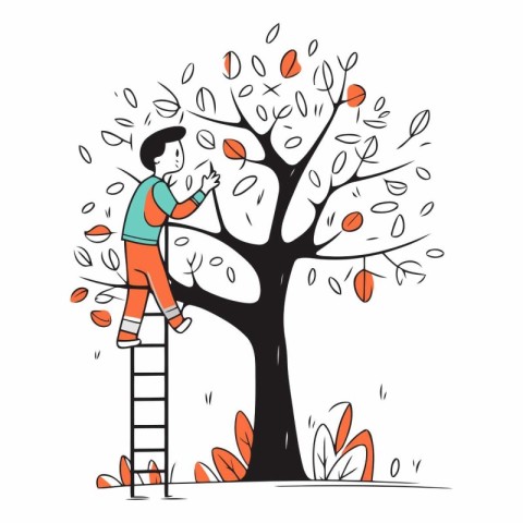 Vector hand drawn illustration of a man pruning a tree with a la