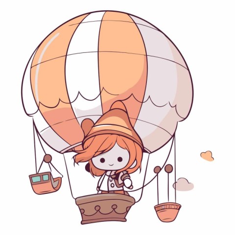 Cute girl flying on hot air balloon cartoon vector illustration