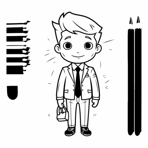 Boy in school uniform with pencils. Black and white vector illus