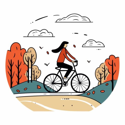 Vector illustration of a woman riding a bicycle in the autumn pa