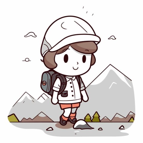 Cute boy with backpack hiking in the mountains.