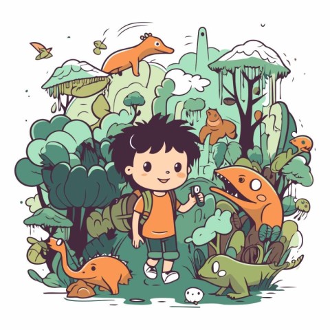 Cute little boy and dinosaurs in the jungle.