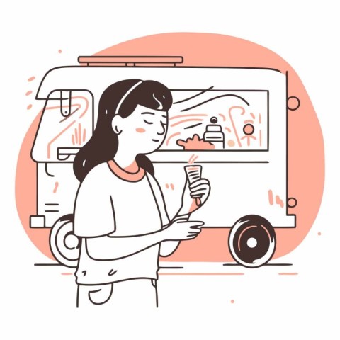 Vector illustration of a woman eating ice cream in the street fo