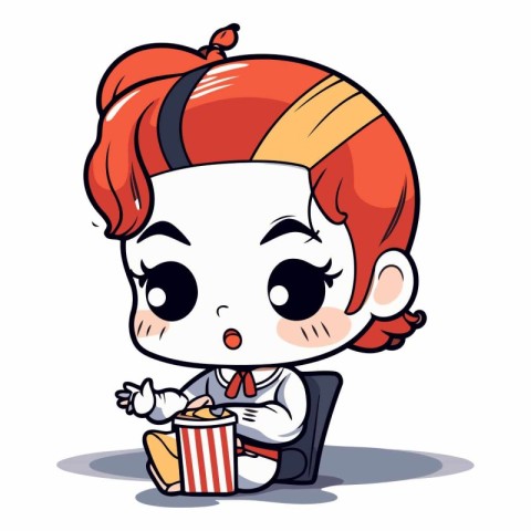 Illustration of a Cute Little Red Haired Girl Eating Popcorn