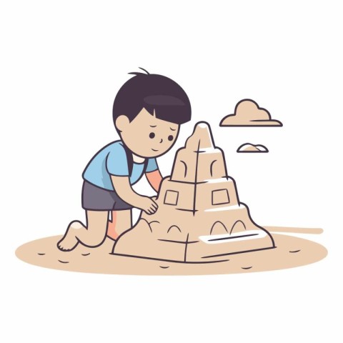 Boy building sand castle in cartoon style on white background.