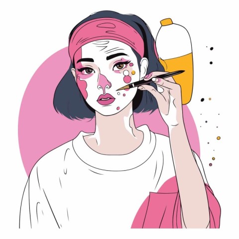 Vector illustration of a young woman applying make up on her fac