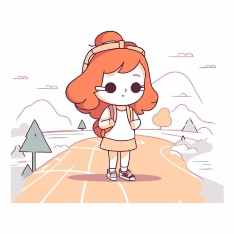 Cute little girl walking on the road in cartoon style.