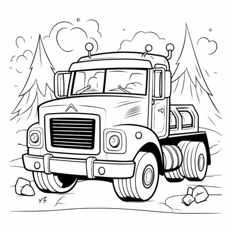 Vector illustration of a big truck in the forest. Coloring book