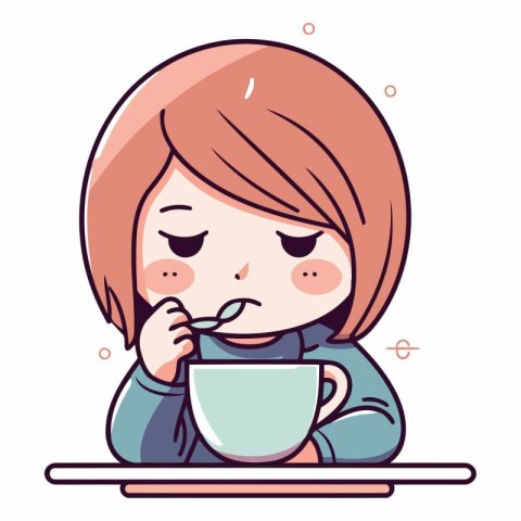 Illustration of a Cute Little Girl Eating a Cup of Tea