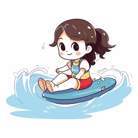 Cute little girl riding a surfboard on the water.