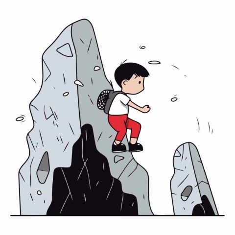 Little boy climbing up to the top of a rock.