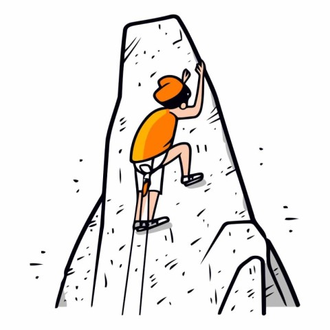 Vector hand drawn illustration of a young man climbing on a rock