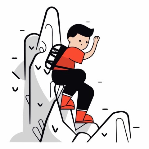 Vector illustration of a boy climbing on a rock. Flat style.