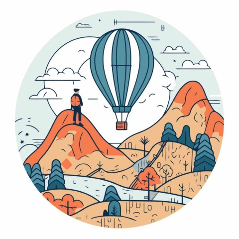 Vector illustration of a woman flying on a hot air balloon in th