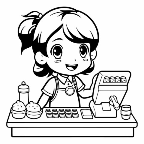 Girl in a bakery shop. Black and white vector illustration for c