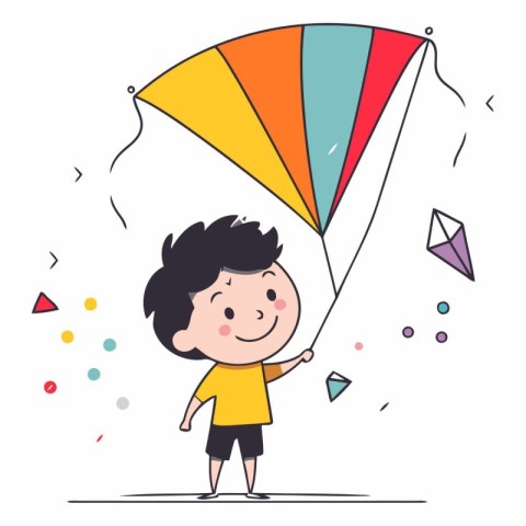 Cute little boy playing with kite. Vector cartoon illustration.