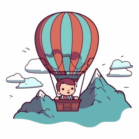 Businessman inside hot air balloon with mountain scenery cartoon