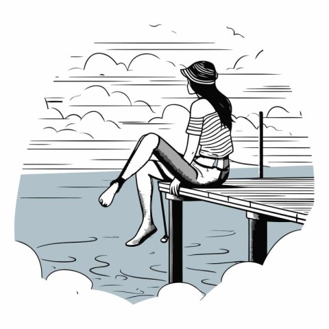 Girl sitting on the pier and looking at the sea