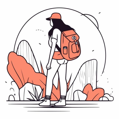 Vector illustration of a girl with a backpack walking in the par