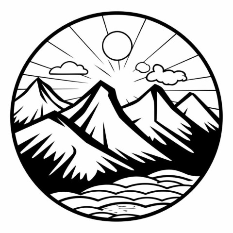 Black and white illustration of a mountain with a sun in the bac