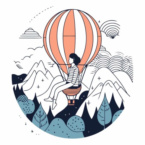 Vector illustration of woman flying on hot air balloon in the mo