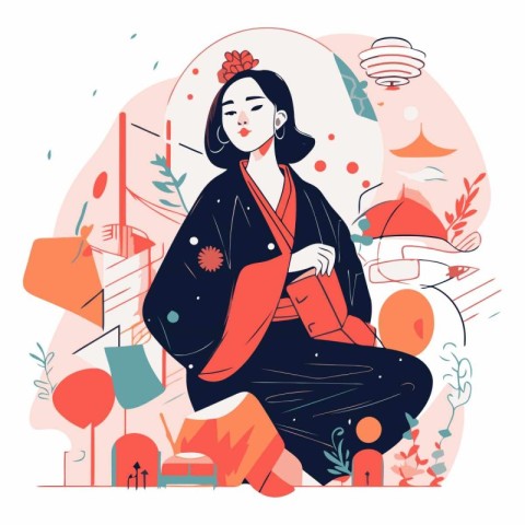 Japanese girl in kimono in a flat style.