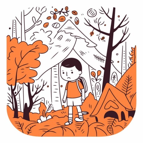 Cute little boy hiking in the woods. Vector hand drawn illustrat